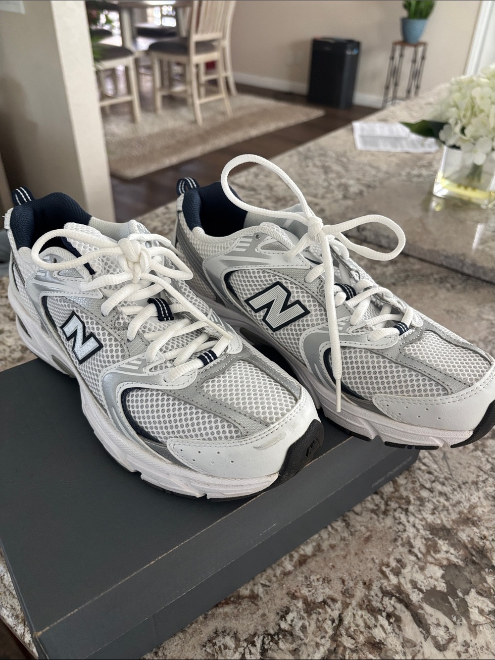 New Balance White and Gray Mesh Athletic Sneakers with Navy Accents